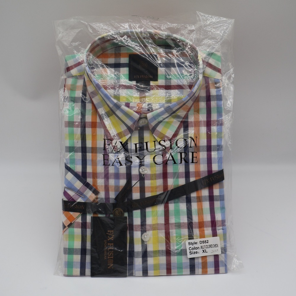 F/X Fusion Shirt Mens XL Multi Colored Check Short Sleeve Easy Care D552 NEW
